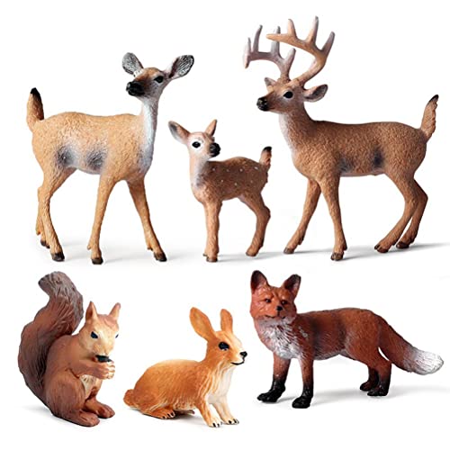 MasYosh Waldtiere Figuren Set, 6 Stück Wald Kreaturen Figuren, Miniatur-Spielzeug, realistische Tierwelt Tierfiguren Spielzeug-Set - Hirschfamilie, Fuchs, Kaninchen, Eichhörnchen