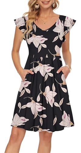 PLOKNRD Sommerkleid Damen V-Ausschnitt Midi Kleider mit Taschen Knielang Blütenblättern Kurzarm Freizeit Strandkleider Frühmorgen Blumen L